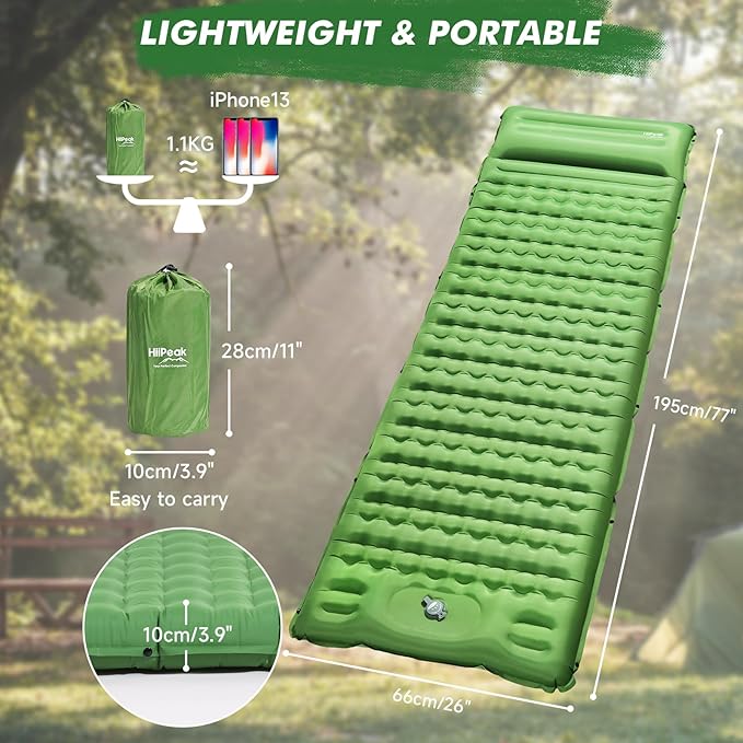 HiiPeak Sleeping Pad - Ultralight Inflatable Sleeping Mat with Built-in Foot Pump, Durable Compact Waterproof Camping Air Mattress for Camping, Backpacking, Hiking, Tent Trap Traveling