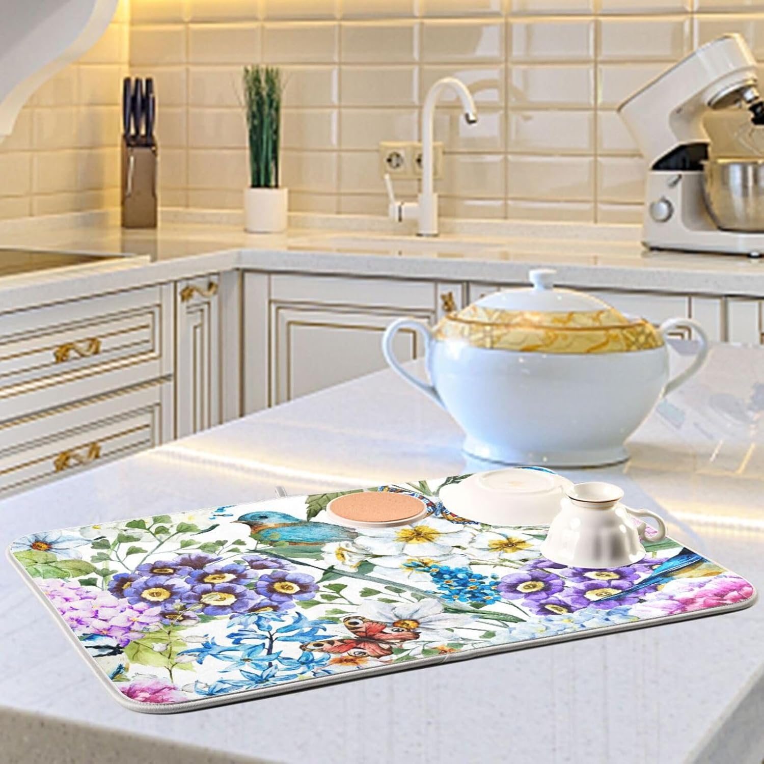 Flowers Birds Butterflies Dish Drying Mat for Kitchen Counter Absorbent Microfiber Drying Pad, Medium 16x18 in, Reversible Drainer Mats