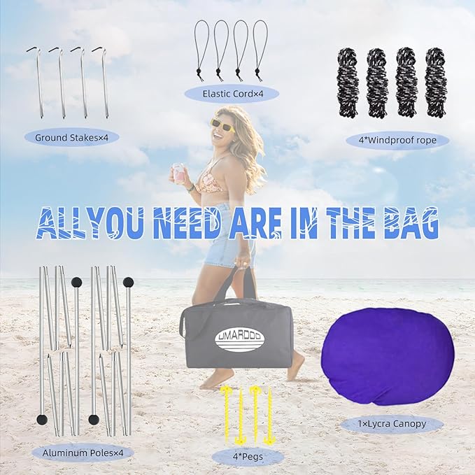 UMARDOO Family Beach Tent Canopy Sun Shade Portable 7×7FT, Large Wind Resistance Beach Sun Shelter Easy Setup with Packable Carry Bag for Outdoor Travel UPF 50+(Purple)