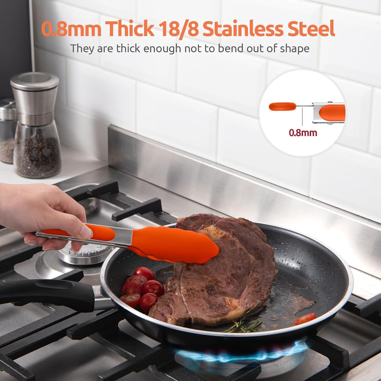 480ºF Heat Resistant Kitchen Tong: U-Taste 7 inch Silicone Cooking Tong with Firm Sealed Non Stick Rubber Tips & Silicon Coated 18/8 Stainless Steel Handle & Smooth Locking for Serving Salad (Orange)
