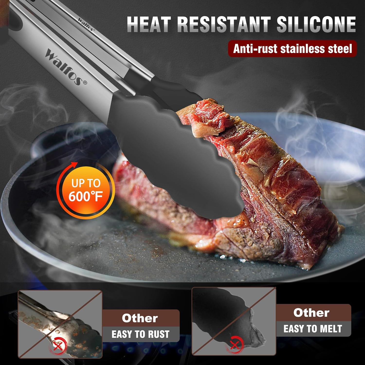 Heat Resistant Silicone Tongs Set - 600 Degrees, Kitchen Tongs for Cooking, Grilling, Turning - Stainless Steel and BPA Free Silicone Tips (7", 9" and 12 inch)