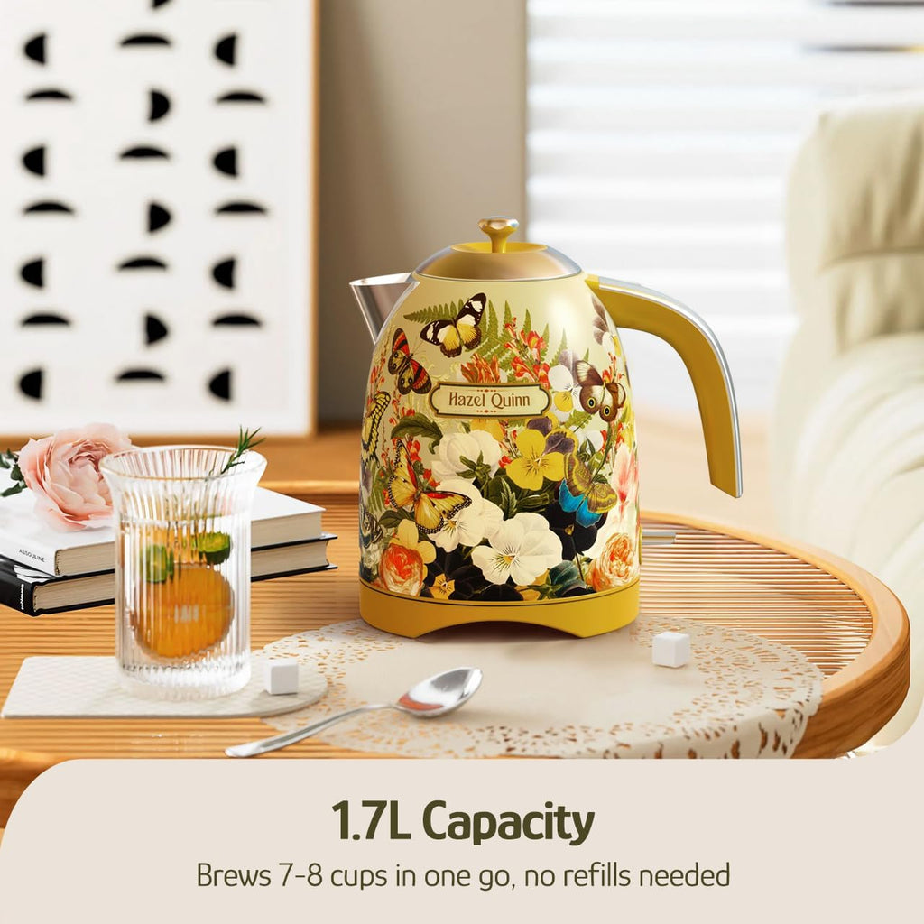 Hazel Quinn X Eduardo Recife Collaboration Electric Kettle - 1.7 Liters (57oz) Stainless Steel Water Kettle, BPA-Free Interior, 1200W Fast Boiling, Cordless, Automatic Shut Off - Floral Printed