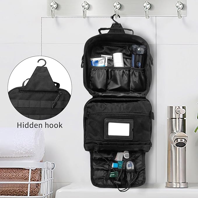 SUNRISING Tactical Toiletry Bag for Men - Hanging Travel Dopp Kit, Shaving Hygiene Organizer, Durable Bathroom Essentials for Short Trips & Camping Black