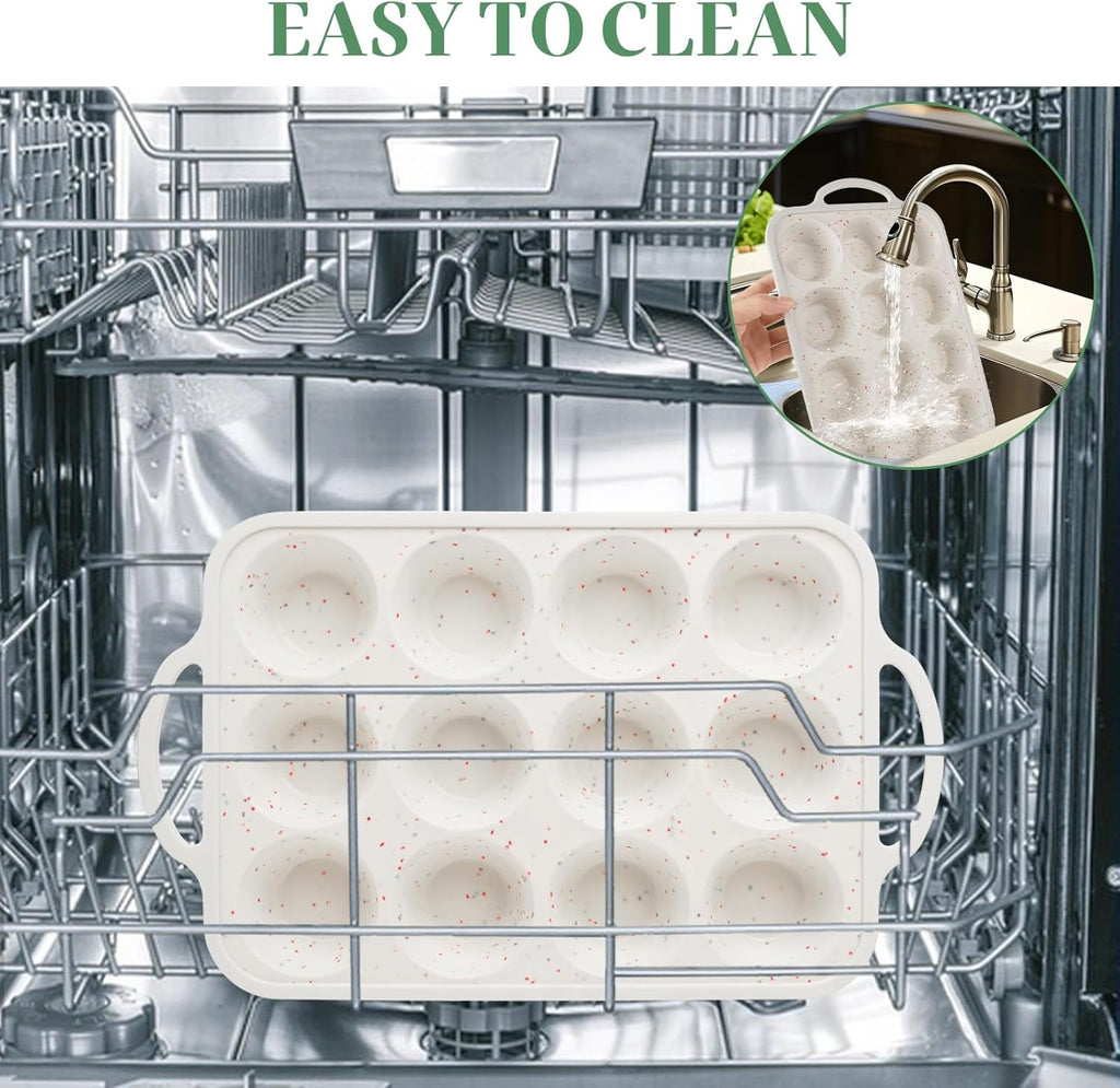 3 Pack Silicone Muffin Pans for Baking 12 Cup Mini Silicone Cupcake Pan with Metal Reinforced Frame, Nonstick Baking Cups BPA Free Siliconee Cupcake Molds for Oven Dishwasher Safe, Cream