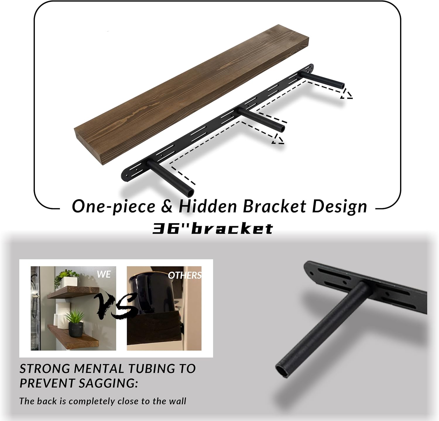 Rustic Floating Shelves 36 inch Long 8 inch deep Set of 2, Solid Wood Wall Shelves for Bedroom Living Room Kitchen,Book Shelf for Wall, Wall Mounted Shelves with Hidden Bracket- Walnut