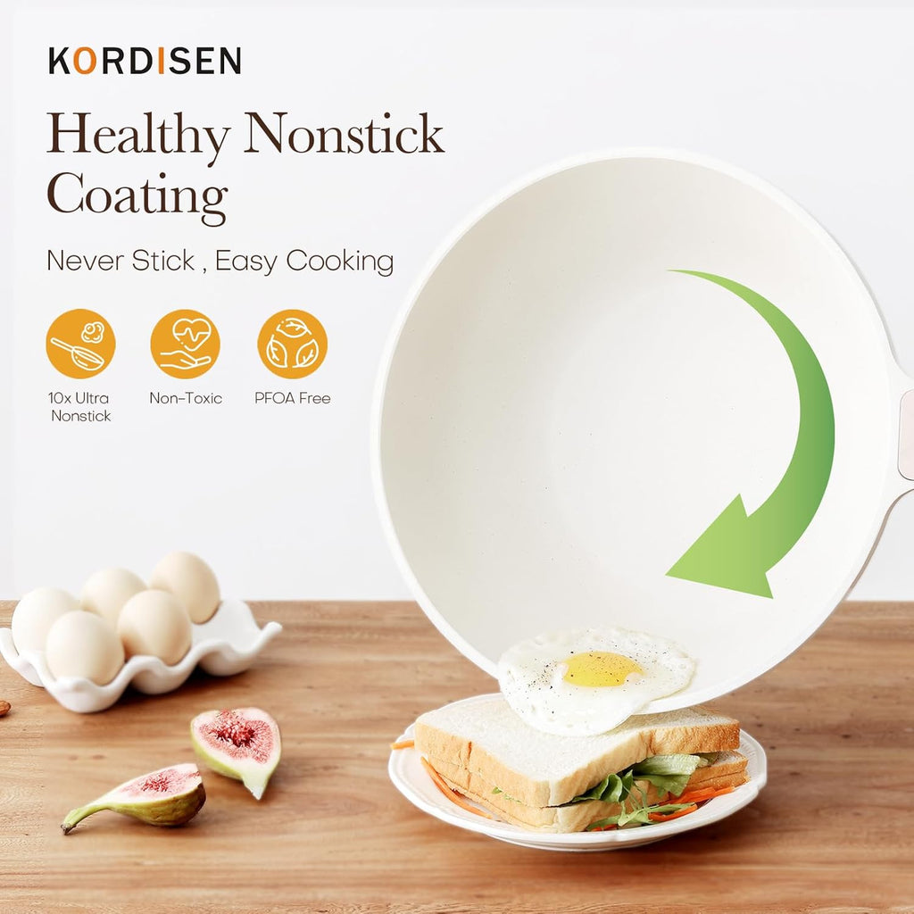 Nonstick Wok with Lid, 12 Inch Woks & Stir-fry Pans, Healthy Coating Induction Cookware, Compatible with All Stovetops, PFOA Free (Cream White)