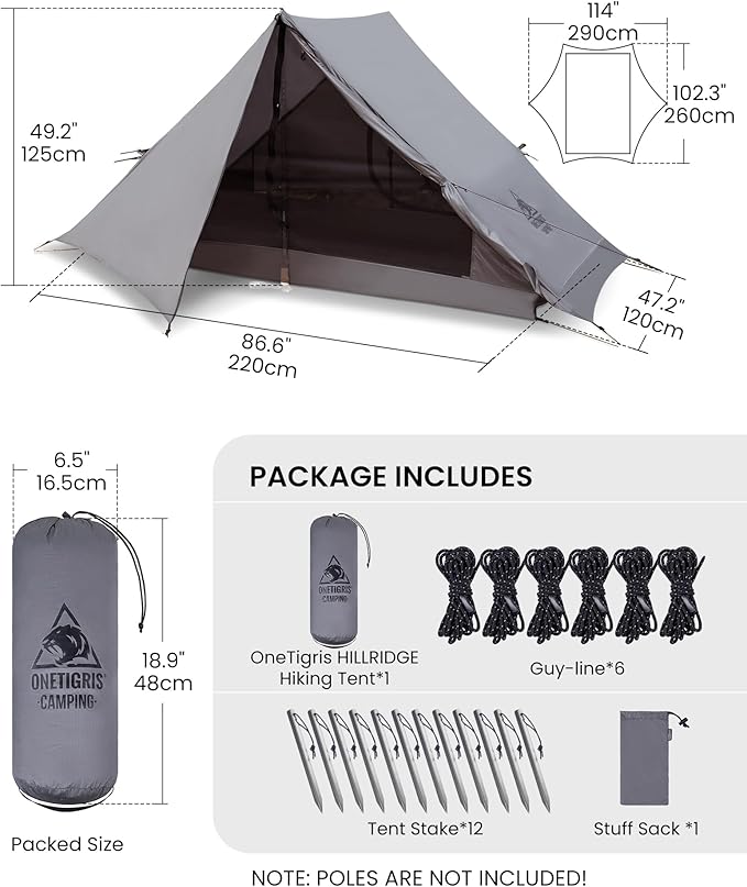 OneTigris HILLRIDGE Backpacking Tent, Waterproof Windproof 2 Person Tent, 20D SIL-Coated Nylon, Single Layer, Ultralight 3 Season Tent for Camping Hiking Canoeing Travel