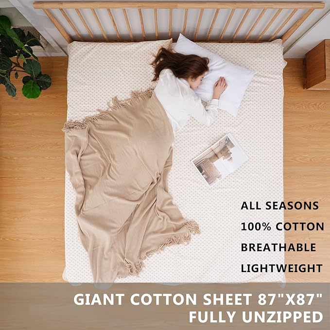 100% Cotton Sleeping Bag Liner with Full Length Zipper on 3 Sides; Single/Double Adult Sleep Sack for Travel & Camping, Multifunctional Travel Sheets (Unzipped 87”x87”) for Hotel, Lightweight