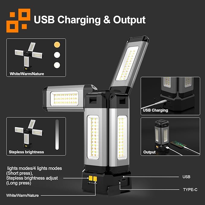13200mAh Rechargeable Aluminum Work Light with Folding Stand Support and Portable Carrying Bag, 8000 Lumen Stepless Dimmable, 3 Lighting Modes, White/Warm/Nature White (Standard)