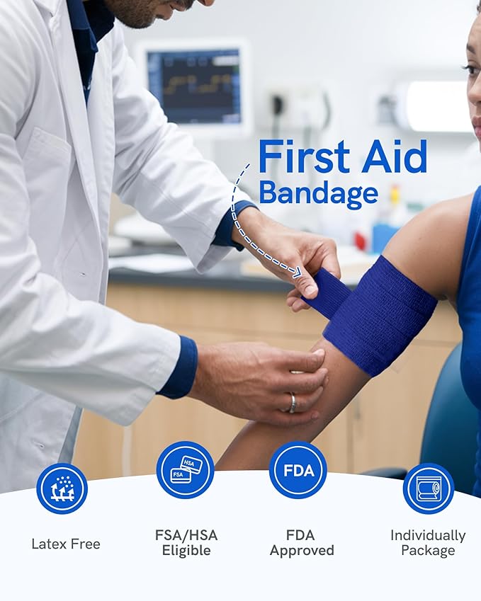 FriCARE Self Adhesive Bandage Wrap, Medical Tape in First Aid Kit, Cohesive Bandages for Wounds Sport Vet, FSA/HSA Eligible, 2 Inches X 5 Yards 6 Rolls, Royal Blue