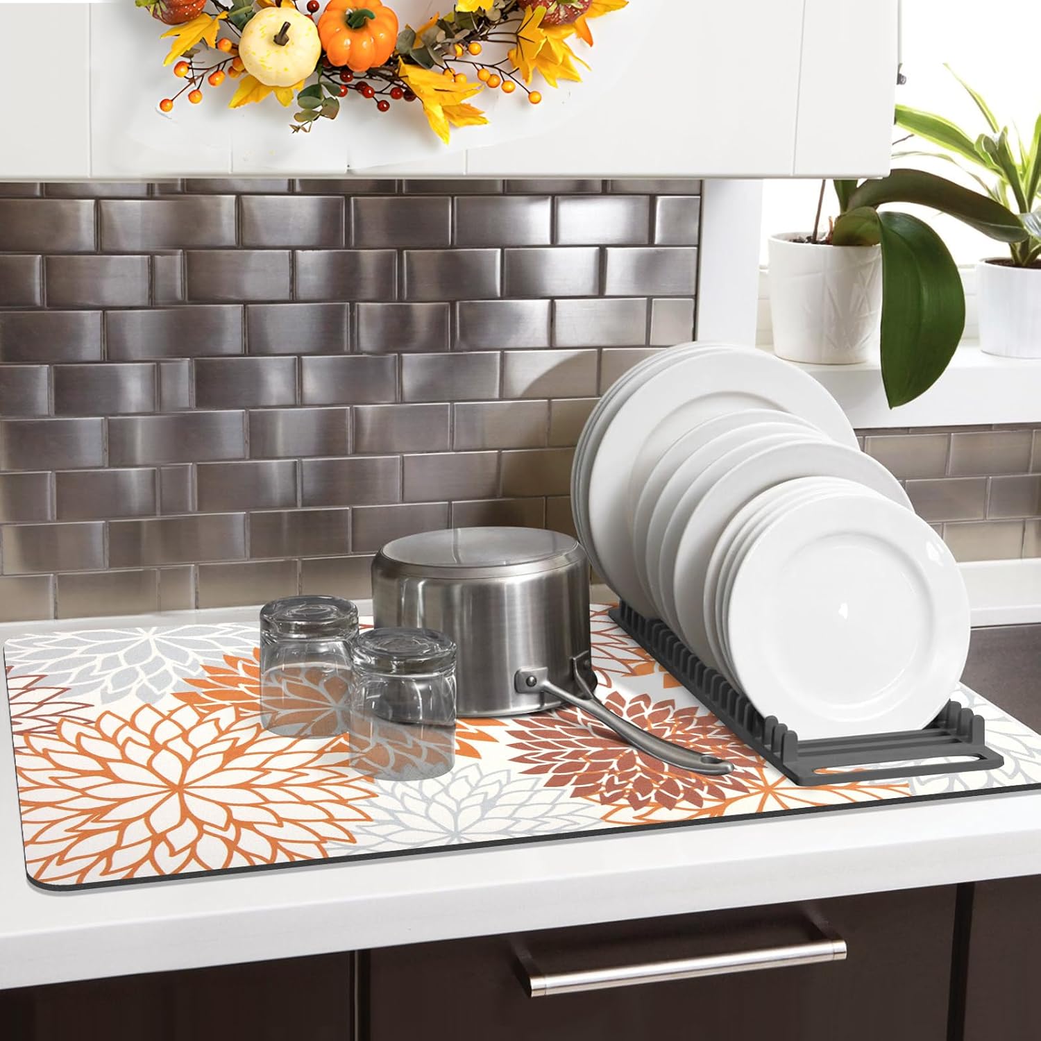 Findosom 2PCS 12" x 20" Dish Drying Mat & 24" x 5.5" Sink Splash Guard, Super Absorbent & Cuttable Dish Mat Drying Kitchen Mat with Orange Floral, Hide Stain Drying Mat for Kitchen Counter