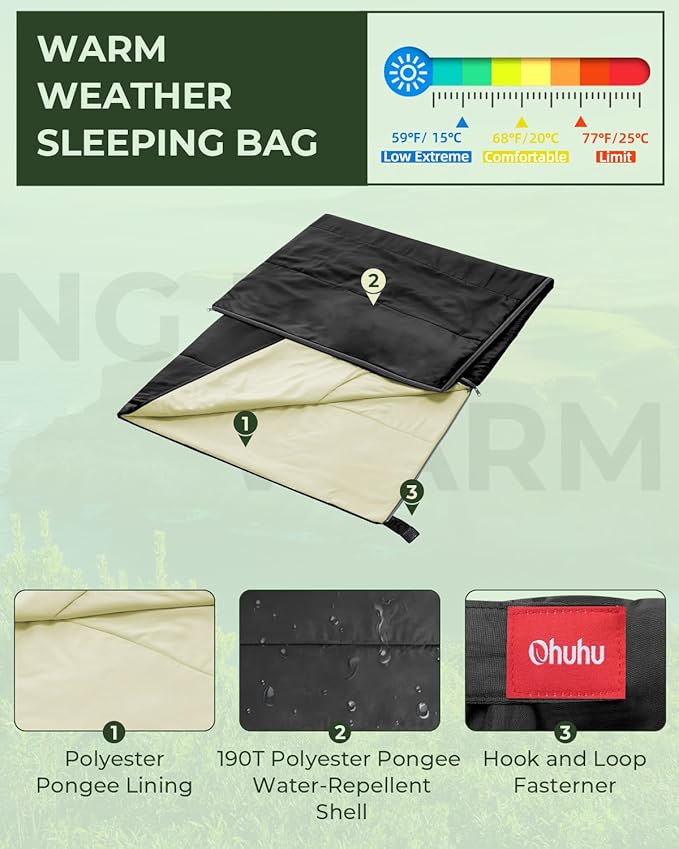 Sleeping Bag, Ohuhu Lightweight Sleeping Bag 3 Season Warm Weather Portable Compact Sleeping Bags for Adult Kids with Carry Bag for Camping Hiking Backpacking and Outdoors 59℉-77℉