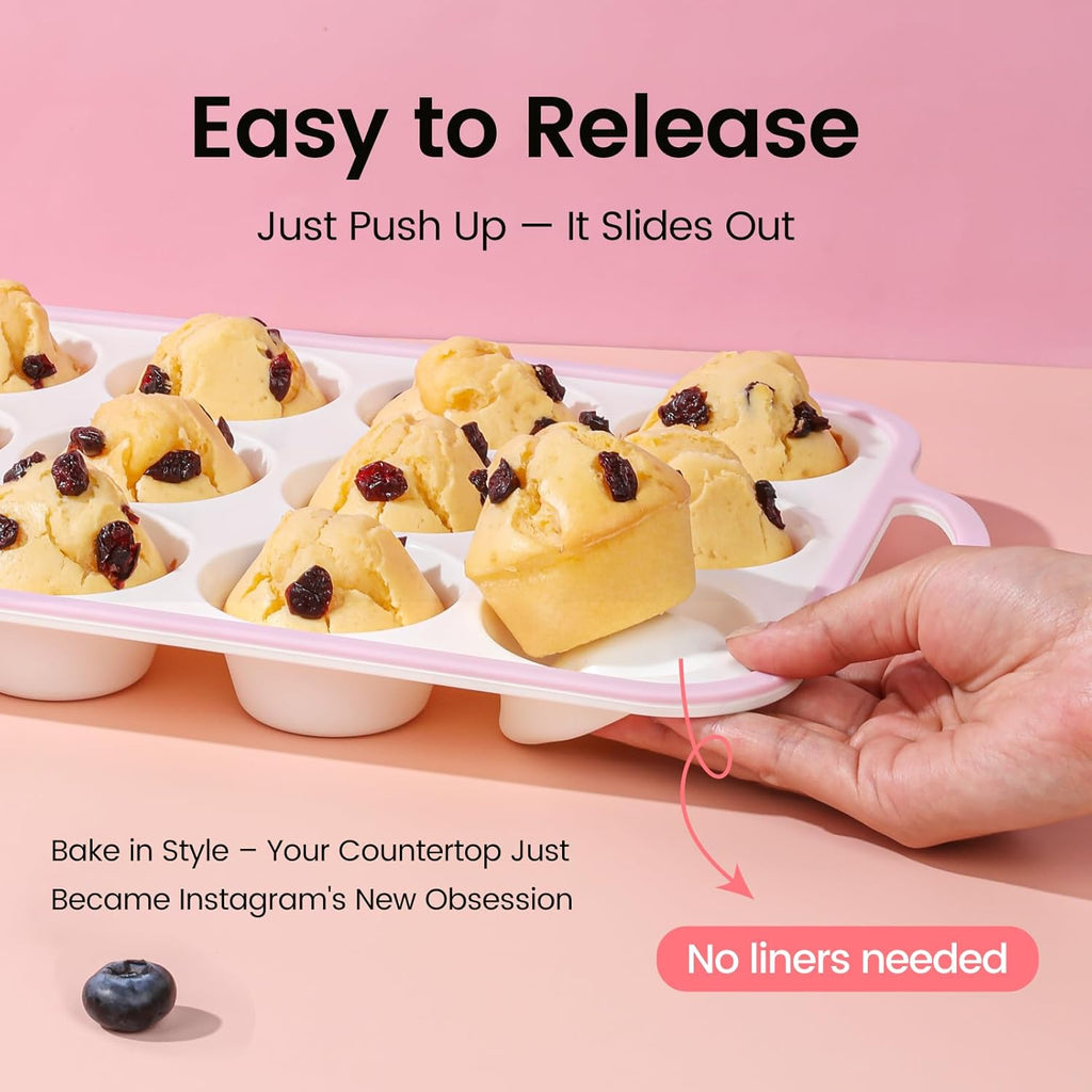 Silicone Muffin Pans for Baking 1 Pack, 2.6 Inch with Metal Reinforced Frame, Regular Size Nonstick Silicone Cupcake Pan for Baking Homemade Muffins, Cupcakes, Dishwasher Safe BPA Free-Pink