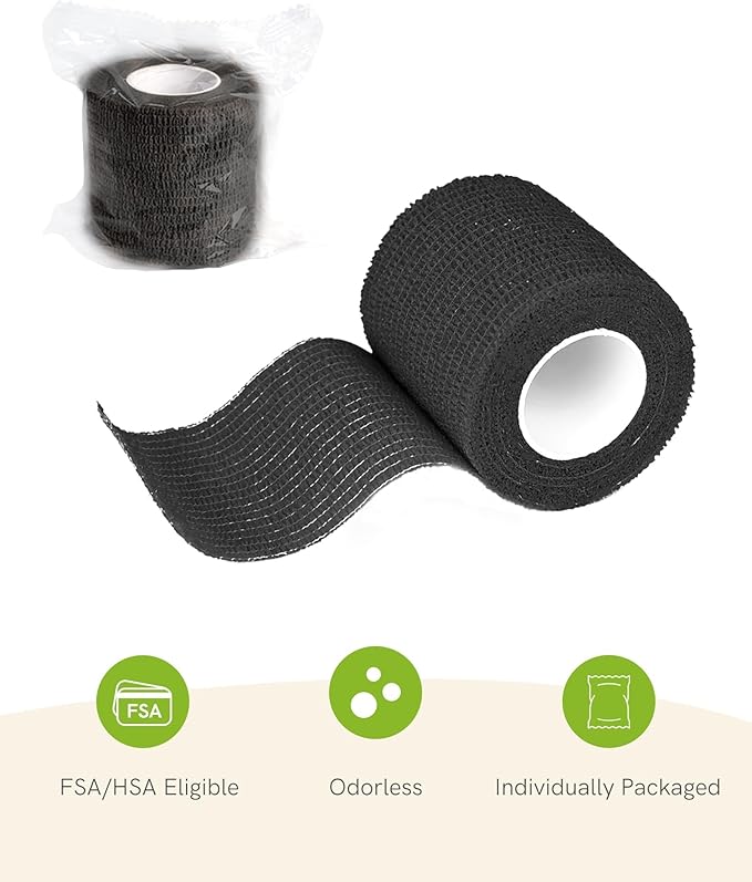 FriCARE Self Adhesive Bandage Wrap, Medical Tape in First Aid Kit, Cohesive Bandages for Wounds Sport Vet, FSA/HSA Eligible, 2 Inches X 5 Yards 6 Rolls, Black