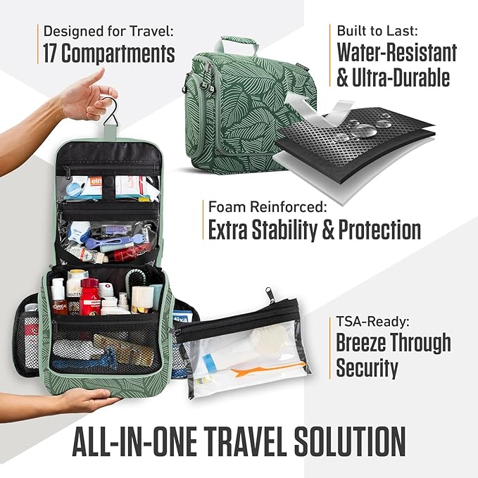 VENTURE 4TH Hanging Travel Toiletry Bag for Women & Men - Travel Organizer with Expandable Compartments & Removable Clear Pouch for Toiletries (Green Leaves)