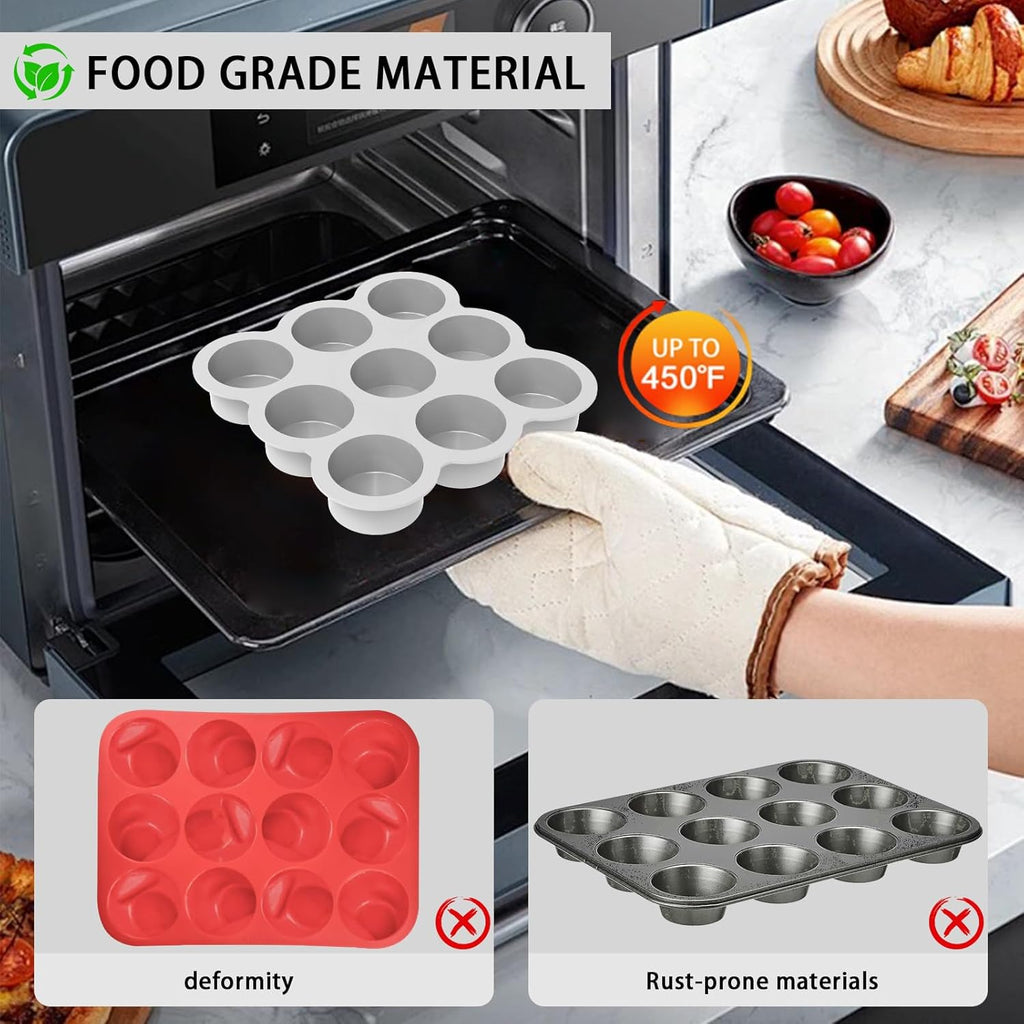 Uudimee Silicone Muffin Pan -9cups Mini Muffin Pan Non-Stick Silicone Mold, 2Pcs Silicone Mini Muffin Pan Is Perfect For Muffins, Cakes, Tarts, Breads, Dishwasher Safe-9Cups (Pink + Gray)