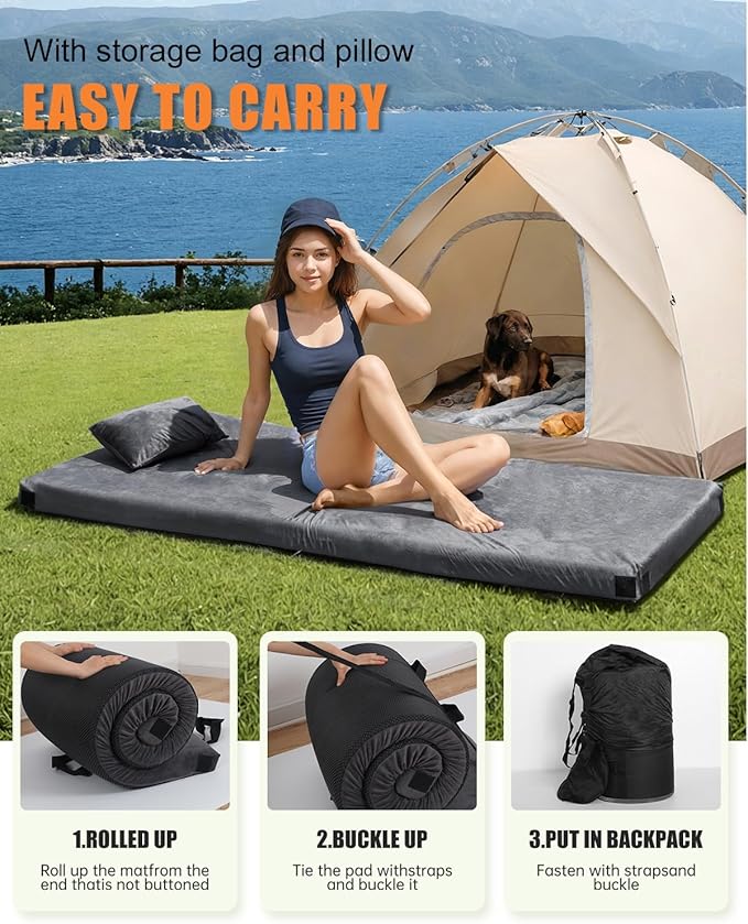 3 Inch Thick Memory Foam Sleeping Pad Camping Mattress,Portable Roll up Mattress-Car/Tent/Cot/Floor,Comfortable Sleeping Mats for Guests Kids Adult Sleepover