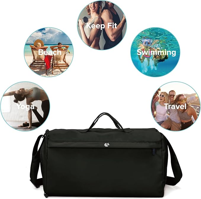 Sports Gym Bag for Women, Travel Workout Duffel Bag Overnight Shoulder Bag with Shoes Compartment and Wet Pocket Lightweight Weekend Bag Waterproof Black