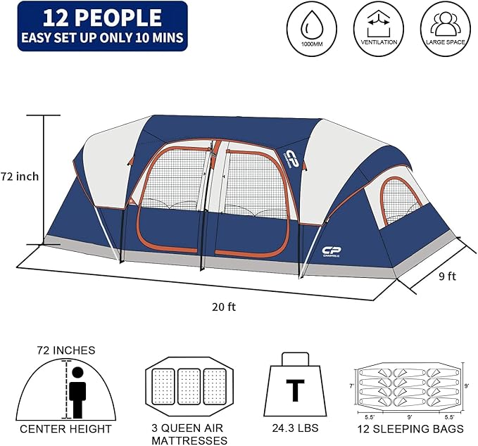 CAMPROS CP Tent 12-Person-Camping-Tents,3 Room Family Tents,Waterproof Windproof Family Tent with Top Rainfly,6 Large Mesh Windows,Double Layer,Easy Set Up, Portable with Carry Bag-20' x 9' x 72"(H)
