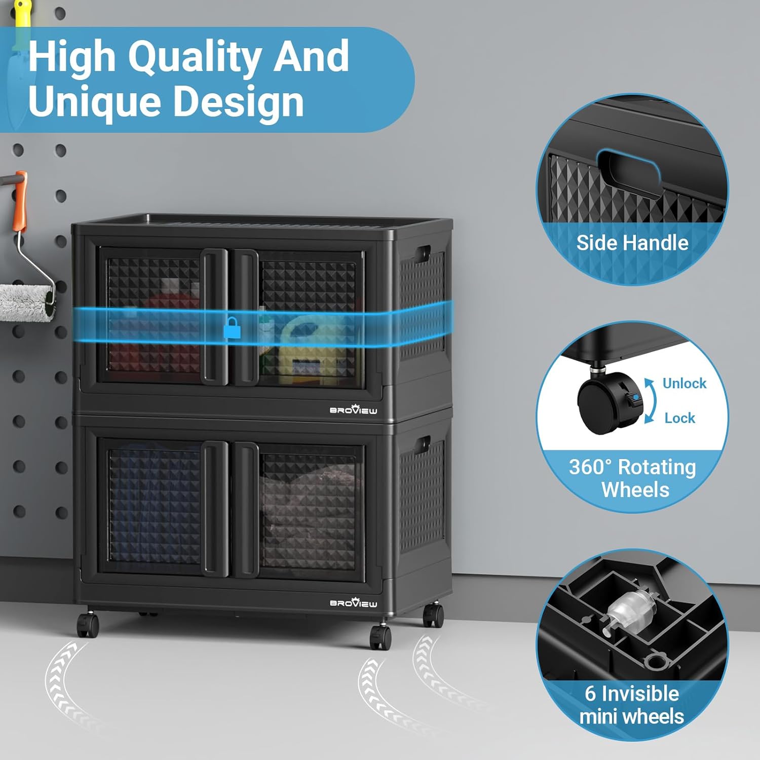 600Qt Stackable Storage Bins with Lids, 150Gal Closet Organizers and Storage Drawer, Plastic Collapsible Storage Bins with Doors, Heavy Duty Store Box Cabinet for Home Office, 6 Pack Black