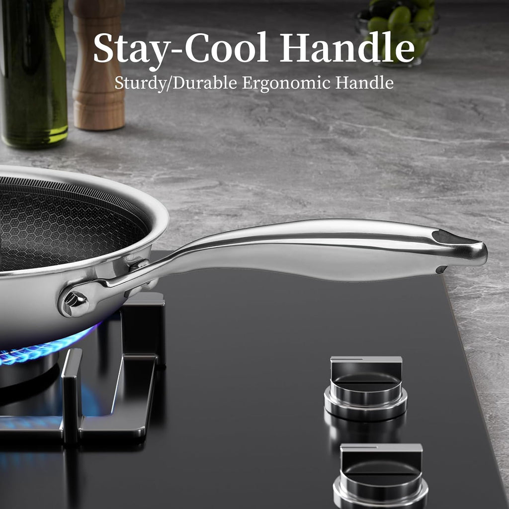 12 inch Tri-Ply Stainless Steel Frying Pan With Lid Large Nonstick Honeycomb Coatings Skillet for Eggs & Omelettes Non Toxic Healthy Omelette Pan Compatible W/All Cooktops