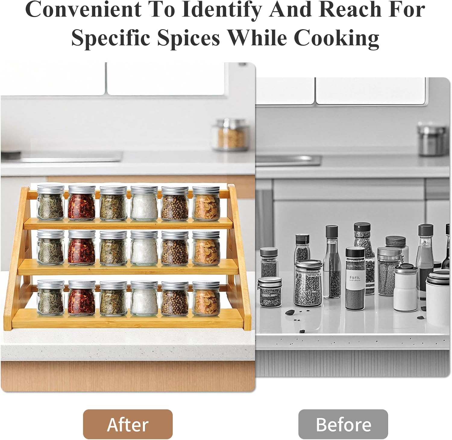 3-Tier Spice Rack Organizer,Bamboo Spice Rack for Kitchen Countertops,Cabinets & Pantries,Modern Space-Saving Design, Durable Bamboo Organizer (Spice Bottles Not Included)