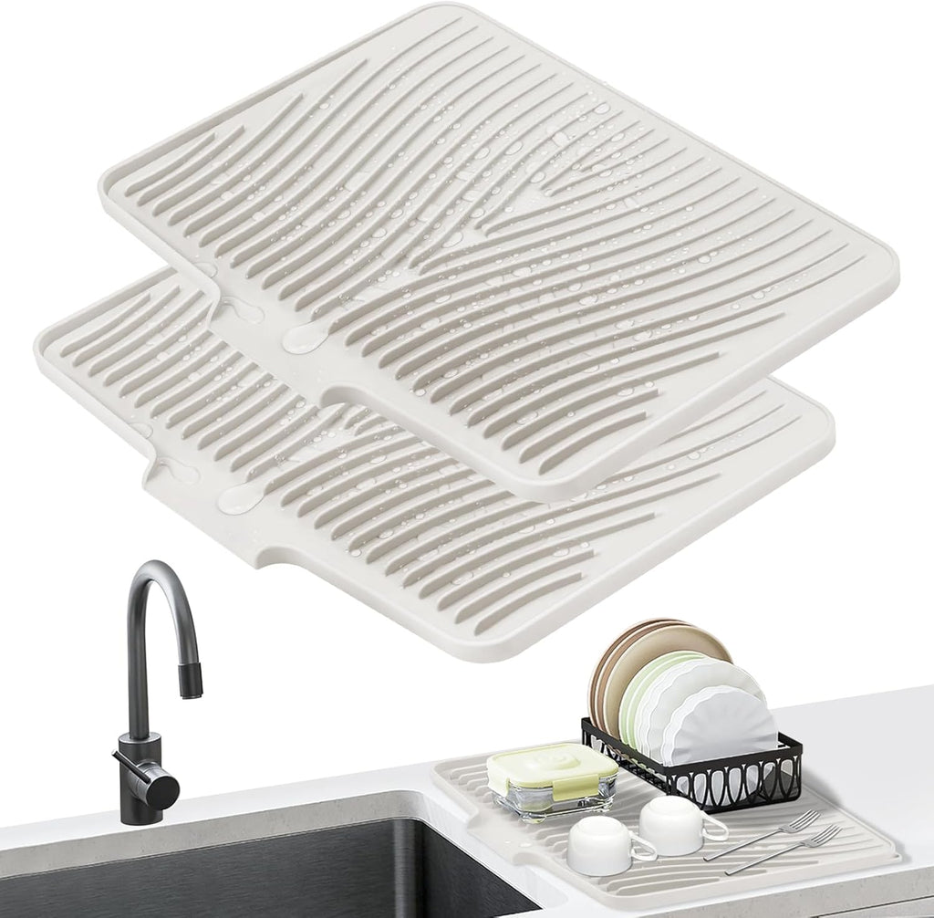 Dish Drying Mat, Stone Drying Mat for Kitchen Counter with Built-in Drain, Non-Slip Drying Matt Kitchen Counter, Heat Resistant Silicone Drying Mat, Dish Drying Pad, 2 Pcs (Cream 19.7" x 17")