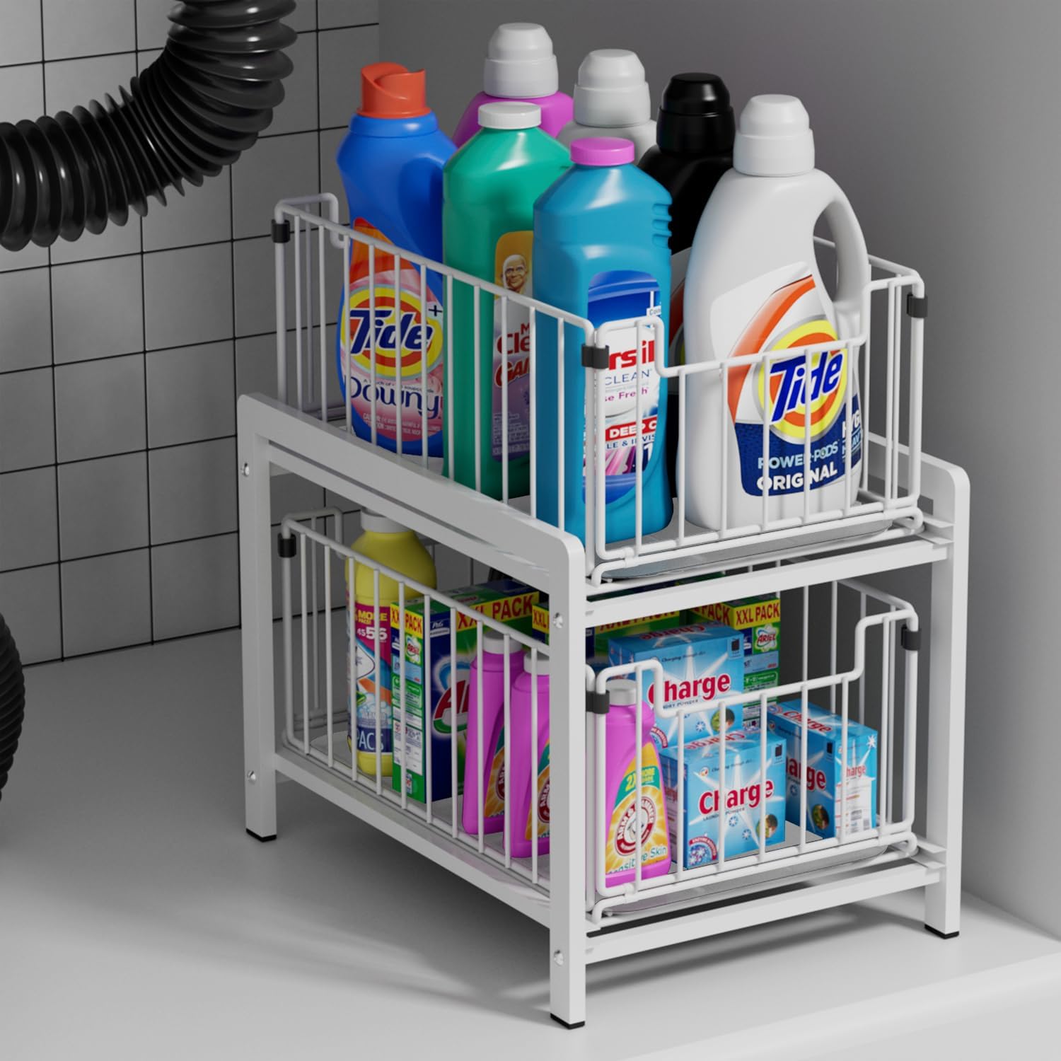 2 Tier Sliding Basket Drawer Organizer, Pull Out Under Sink Cabinets Organizers, Metal Home Shelf for Bathroom or Kitchen, Sliding Countertop or Pantry Storage Shelf, Large White