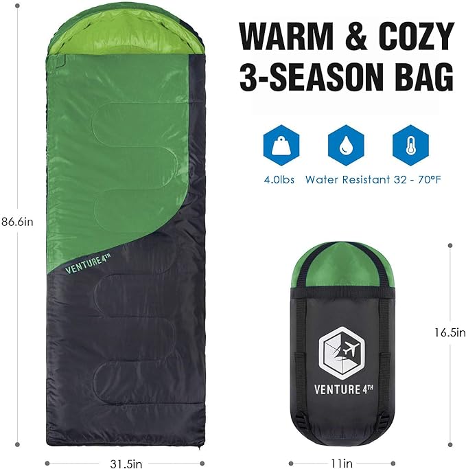 VENTURE 4TH Backpacking Sleeping Bag – XXL, Double and Single Sizes - Lightweight Warm & Cold Weather Sleeping Bags for Adults, Kids & Couples – Ideal for Hiking, Camping & Outdoor Adventures