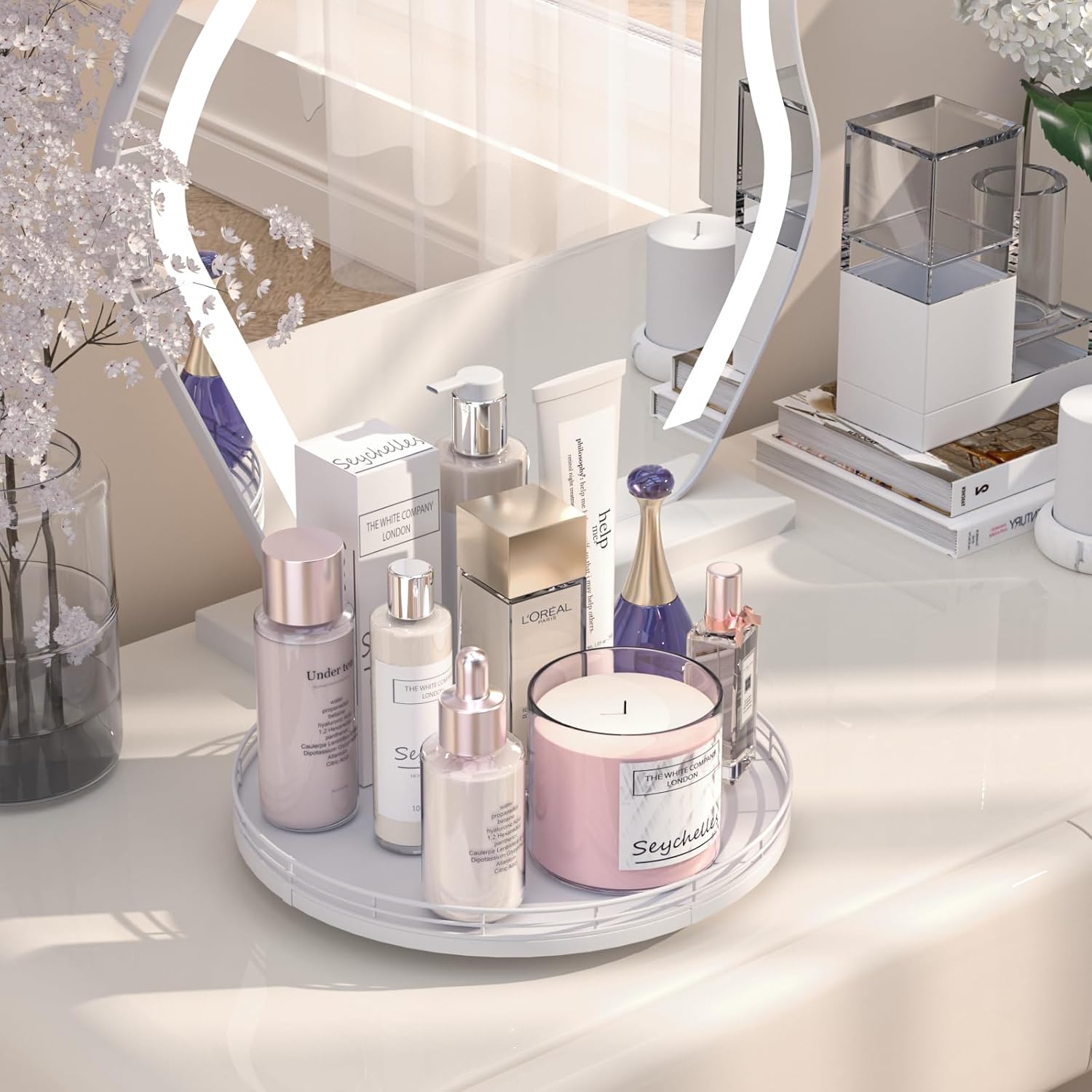 12" Oak Wood Bathroom Tray for Counter, Vanity Tray for Perfume Lotion Candle Makeup Jewelry Sink Soap Holder Turntable Dresser Organizer Countertop Coffee Table Decor Organization and Storage White