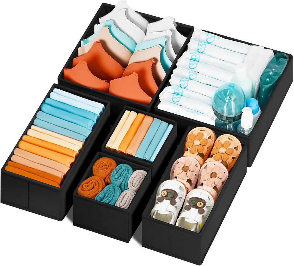 Criusia Drawer Organizer - 6 Pack Clothes Bins for Bedroom & Nursery - Dividers for Socks, Underwear & Baby Clothes - Black