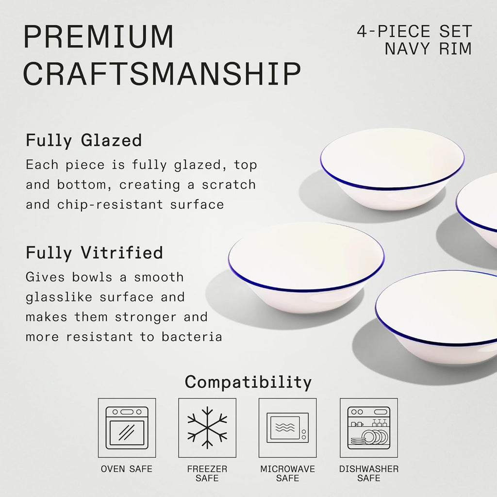 Made In Cookware - Set of 4 - Side Bowls - White With Navy Rim - Porcelain - Crafted in England