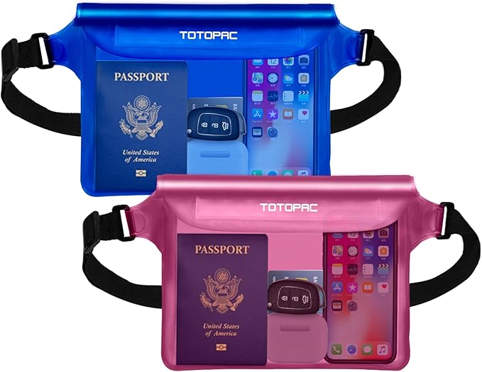 2-Pack Waterproof Fanny Pack, Phone Pouch with Waist Strap, 9x6.7 Inch Dry Bag for Phone, Cash, and Valuables – for Swimming, Kayaking, Boating, Snorkeling, and Water Sports (2, Pink + Blue)