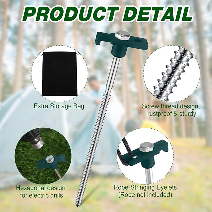 Tandefio 20 Pcs 8 Inch Screw in Tent Stakes Heavy Duty Drill in Ground Anchor Pegs Metal Stakes Screws Hex Pegs Drillable Camping Threaded Tent Spike with Hex Head Driver (Green)
