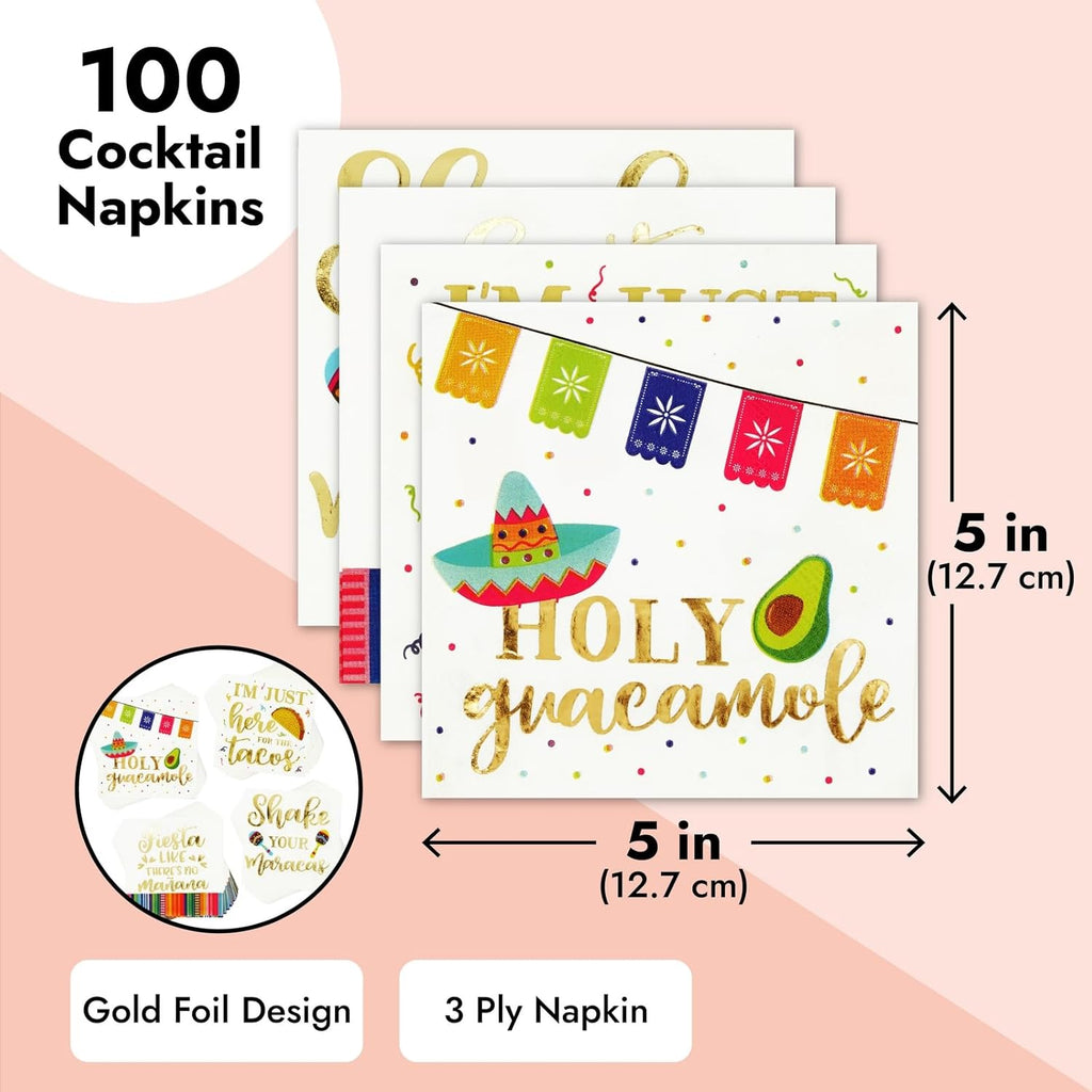 100 Pack Mexican Fiesta Napkins for Cinco de Mayo Party Supplies, Taco Fiesta Decorations in 4 Designs (5x5 In)