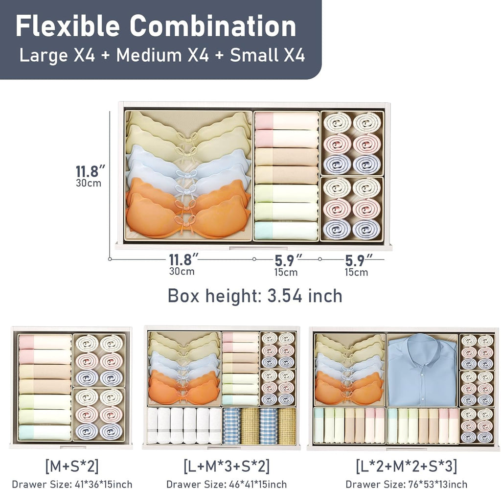 DIMJ Drawer Organizer Clothes, 12 Pack Dresser Organizer, Foldable Closet Organizers and Storage, Fabric Dresser Bins, Drawer Dividers for Nursery, Baby Clothes, Underwears, Sock (Beige)