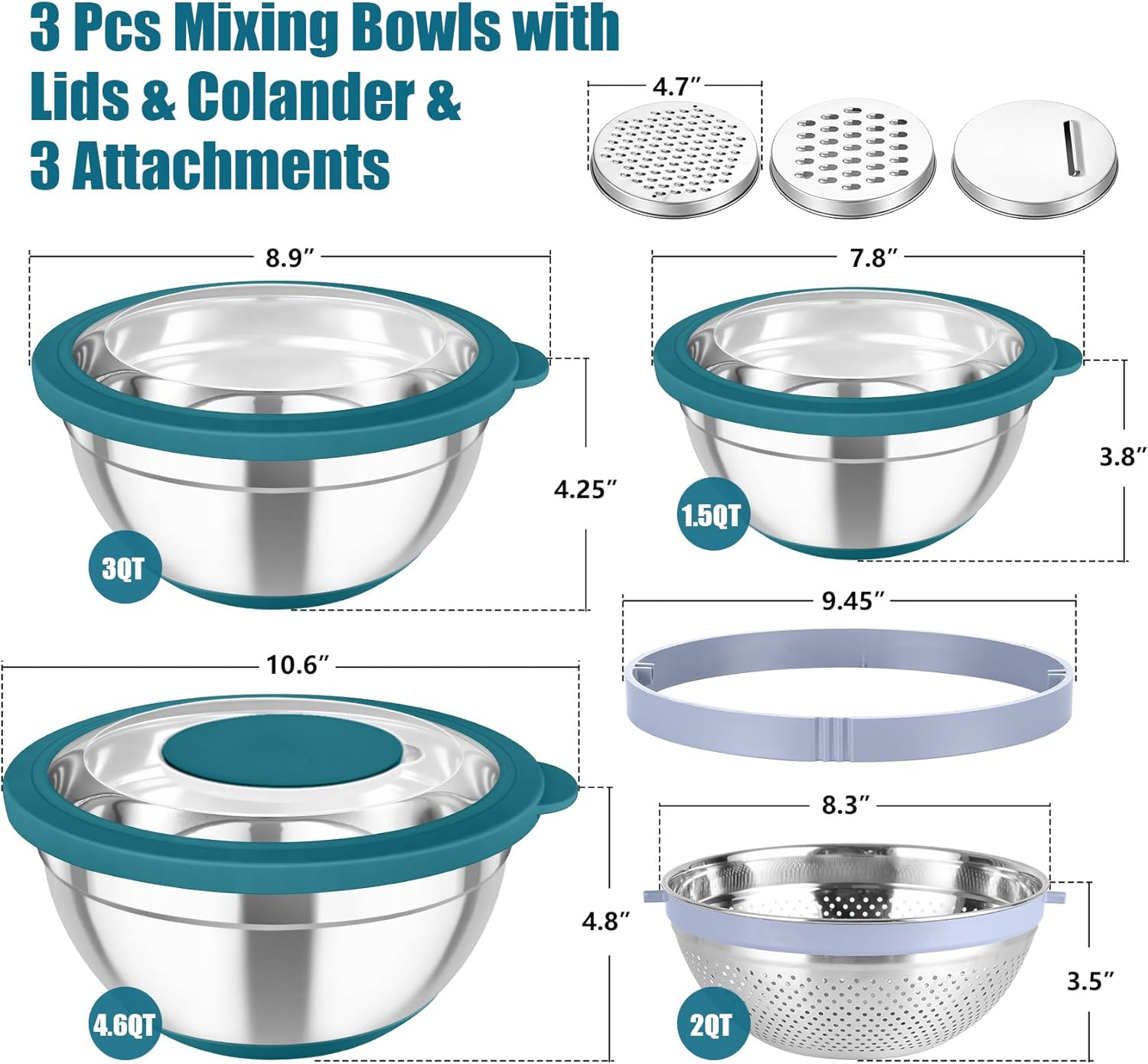 TeamFar Mixing Bowls with Colander Set, Stainless Steel Strainer and Nesting Salad Bowls, with Lids & 3 Graters, Non-Slip Bottom & Visible Lid, Rotatable & Dishwasher Safe, 4.6/3/1.5 QT, Blue