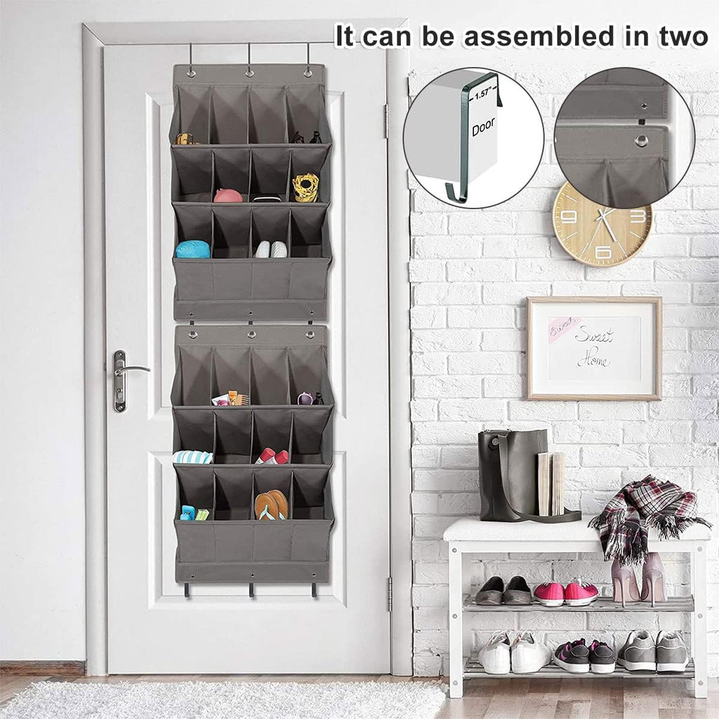 Over the Door Shoe Organizer, 14 Pockets Hanging Shoe Storage Rack with Large Deep Pockets, Oxford 600D Fabric Grey Shoe Storage Rack with 6 hook for Shoes, Slipper,Home Accessories etc