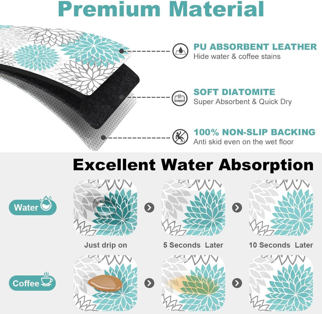 Findosom 2PCS 17" x 32" Dish Drying Mat & 24" x 5.5" Sink Splash Guard, Super Absorbent & Cuttable Dish Mat Drying Kitchen Mat with Teal Floral, Hide Stain Drying Mat for Kitchen Counter