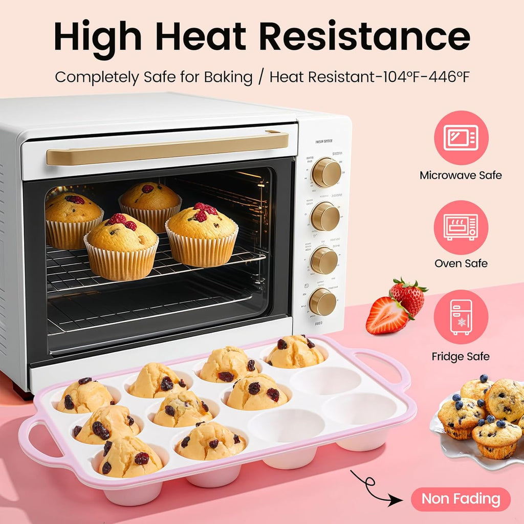 Silicone Muffin Pans for Baking 1 Pack, 2.6 Inch with Metal Reinforced Frame, Regular Size Nonstick Silicone Cupcake Pan for Baking Homemade Muffins, Cupcakes, Dishwasher Safe BPA Free-Pink