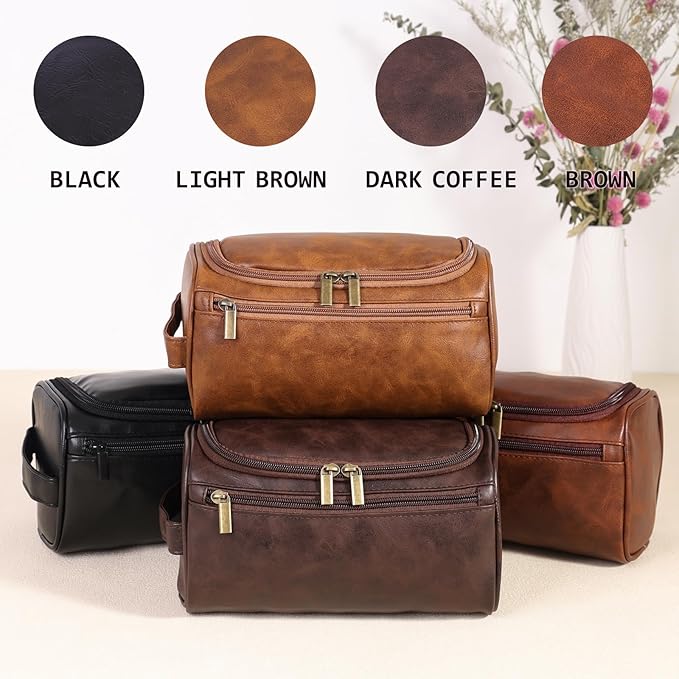Toiletry Bag for Men, Hanging Travel Shaving Dopp Kit for Men and Women, Water-resistant Toiletries Organizer Bags, PU Leather Cosmetic Bags for Makeup Accessories (Black)