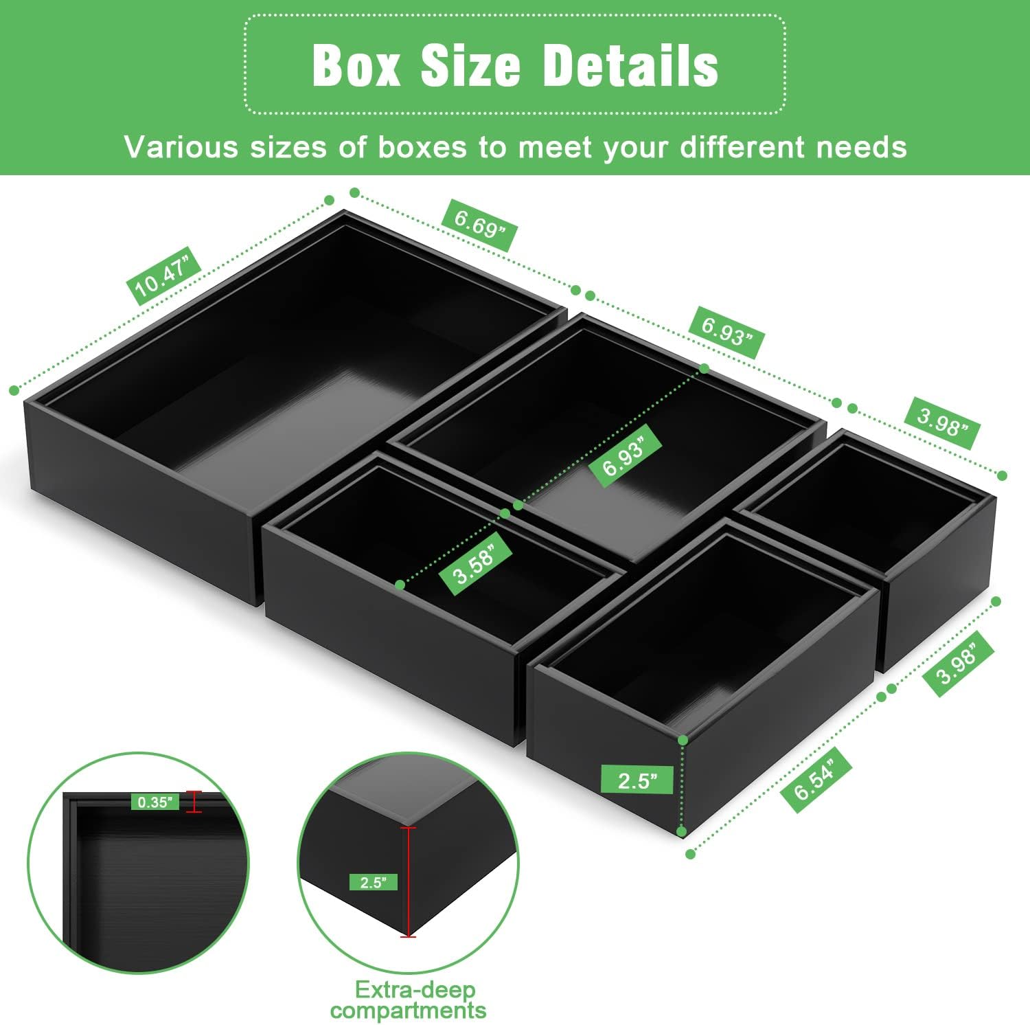 Black Bamboo Bathroom Drawer Organizer, Wooden Kitchen Utensil Holder Set of 5, Stackable Junk Drawer Organizer Tray, Multi-Use Storage Bins Boxs Dividers for Home, Office, Clothing, Makeup, Jewelry