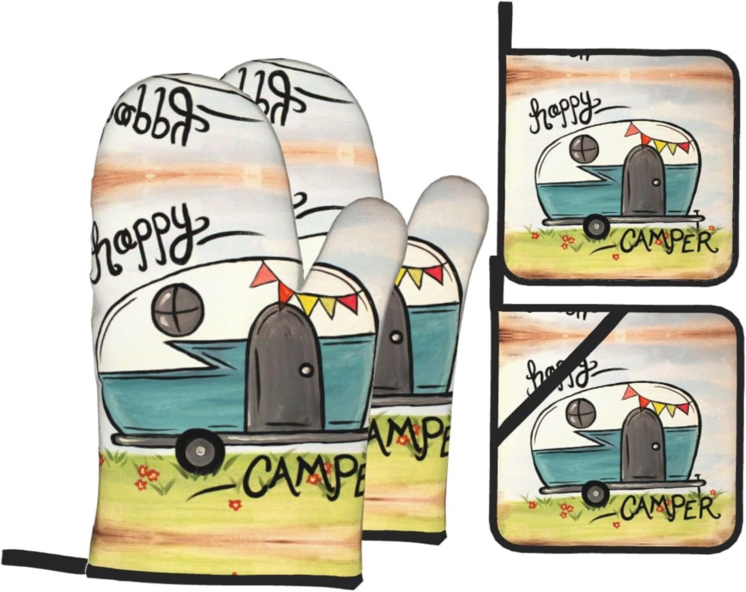 Happy Camper Oven Mitts and Pot Holders Sets of 4,Resistant Hot Pads with Polyester Non-Slip BBQ Gloves for Kitchen,Cooking,Baking,Grilling