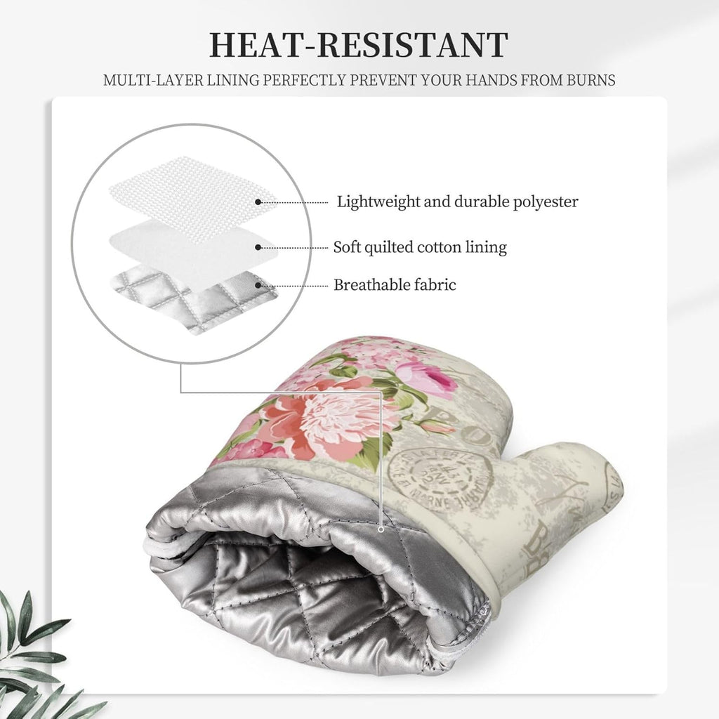 Rose Leaf Vintage Oven Mitts and Pot Holders 4 pcs Set Silicone Flowers Elegant Postcard Rose Kitchen Oven Mitt Gloves Pot Holders Non-Slip Heat Resistant Cooking Mitts Set for Kitchen BBQ