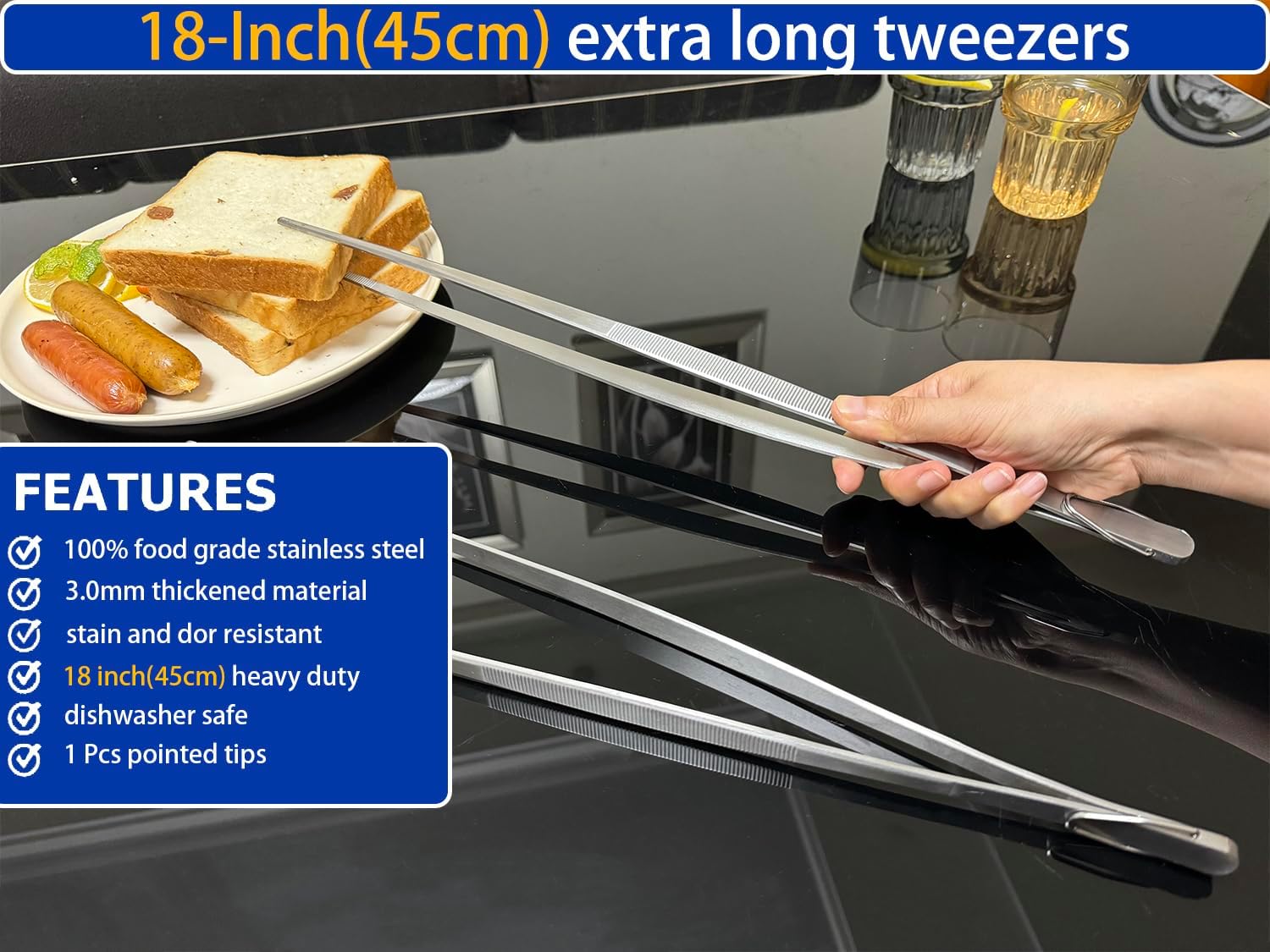 JETKONG 18 Inch (45cm) Extra Long Grill Tongs, Heavy Duty Stainless Steel Tweezer Tongs for Cooking, Grilling, Barbecue/BBQ, Buffet and Turning Food (Point Tips)