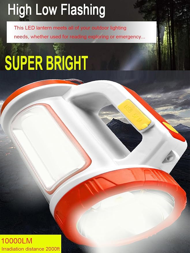 LED Searchlight, Solar Rechargeable Super Bright 10000LM Handheld Spotlight Lantern, Multifunctional LED Lamp Camping Flashlight, 5 Light Modes, Power Bank, IPX4 Waterproof, for Emergency