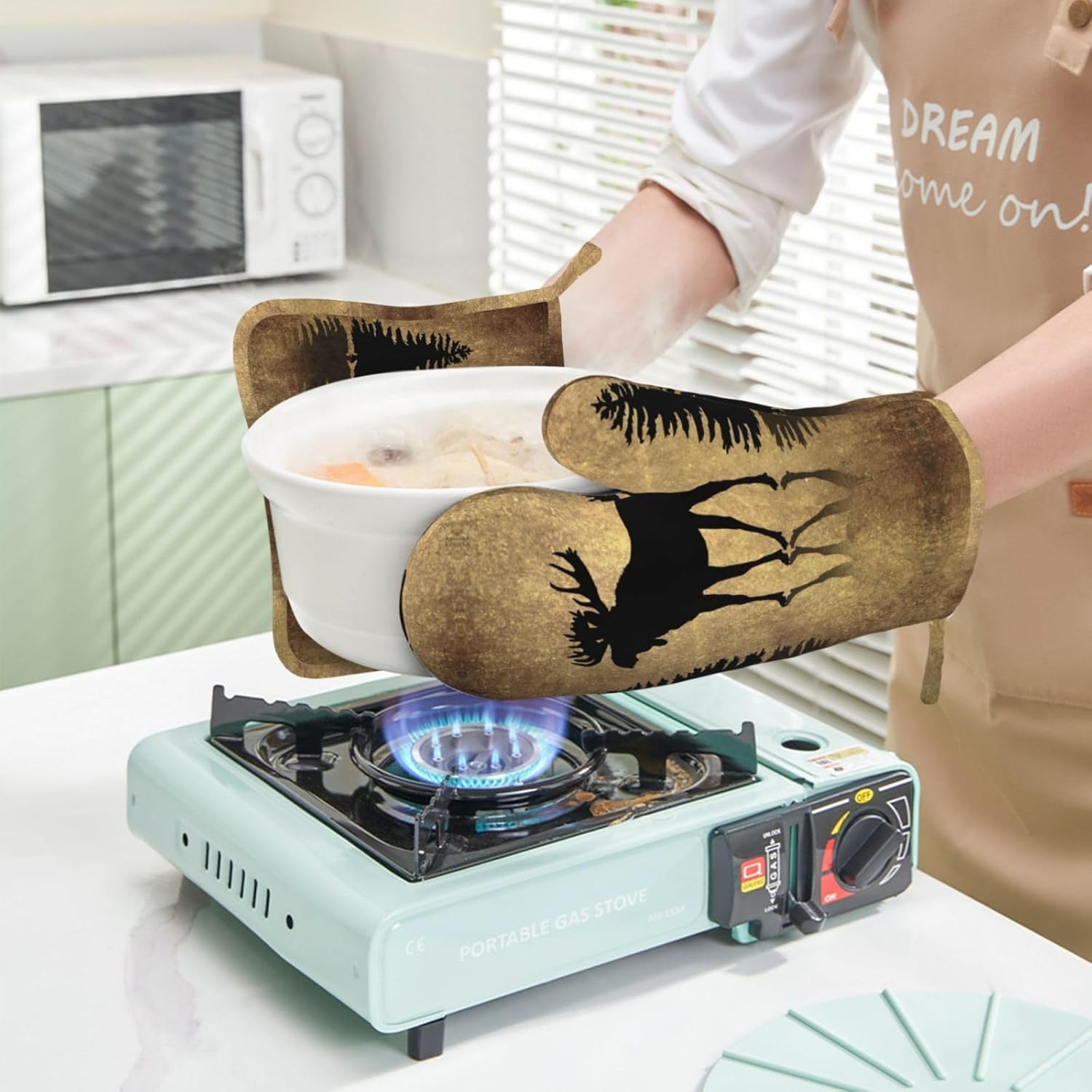 Rustic Elk Moose Deer Forest Pine Tree Moon Design Oven Mitts and Pot Holders Sets Silicone Moose Kitchen Mitts Potholders Heat Resistant 4Pcs Moose Oven Gloves Hot Pads for Kitchen