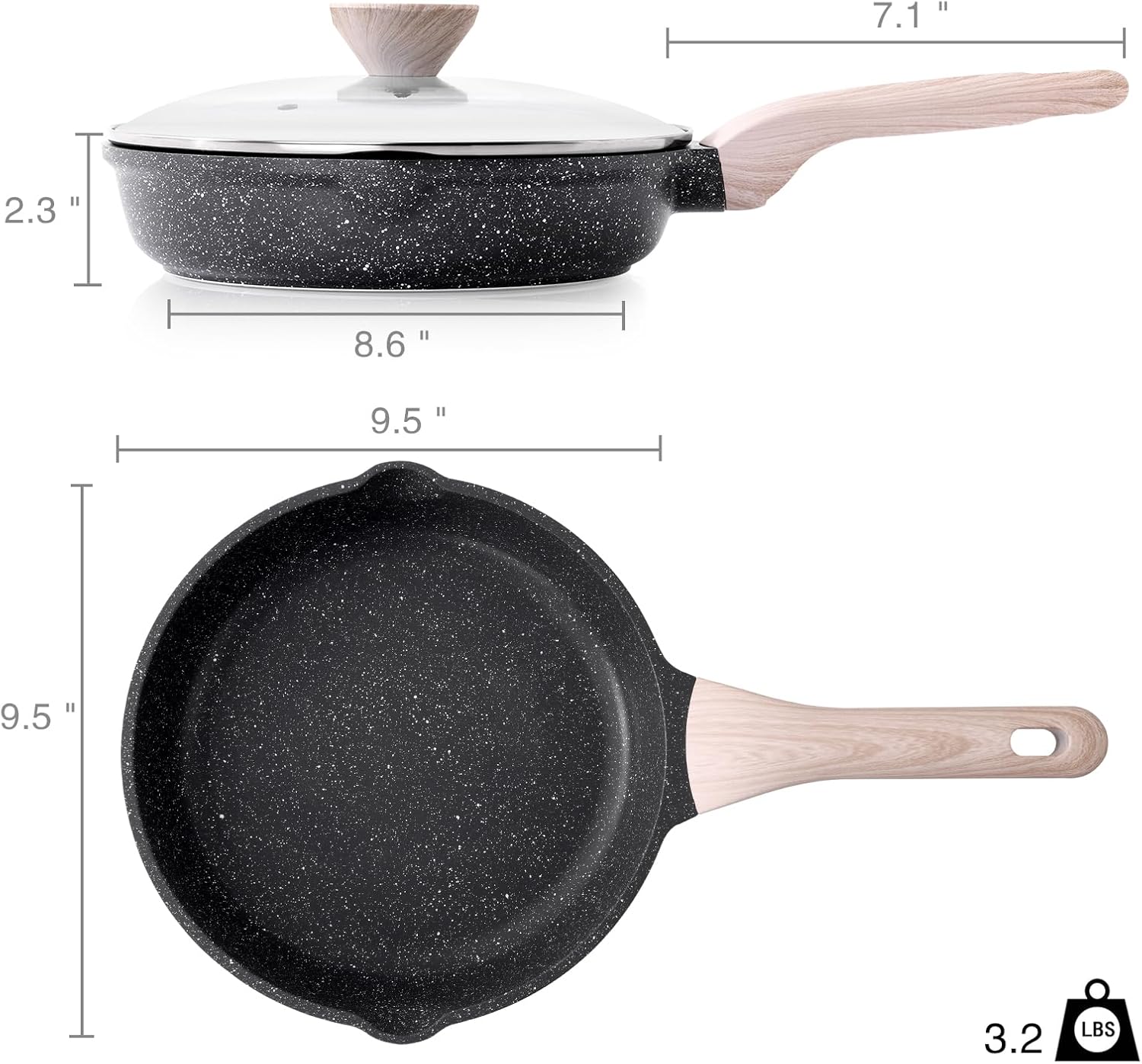 Nonstick Frying Pan Skillet with Lid, 9.5 Inch Granite Egg Omelet Pan, Healthy and Non Toxic, Induction Compatible, PFOA Free
