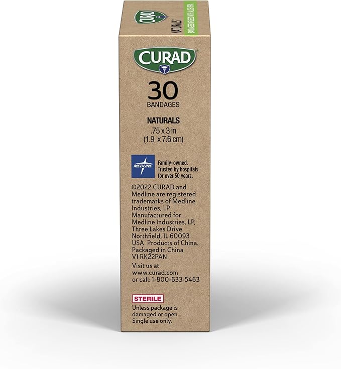CURAD Naturals Aloe Vera & Vitamin E Bandages 0.75" x 3", Individually Wrapped Sterile Bandage, First Aid Kit Essential, Protects Scrapes and Cuts, Absorbent and Self-Adhesive, 30-Count Box