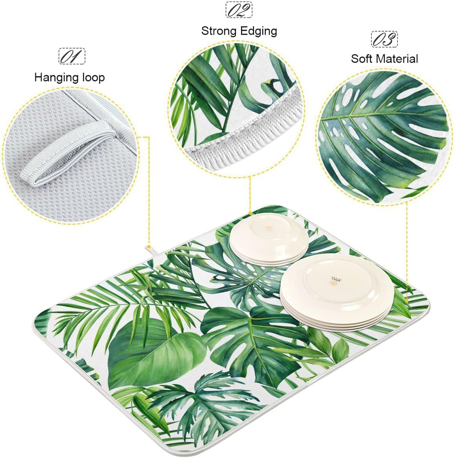 Tropical Palm Leaves Dish Drying Mat for Kitchen Counter Green Monstera Leaf Absorbent Microfiber Drying Pad, Large 18x24 in, Reversible Drainer Mats